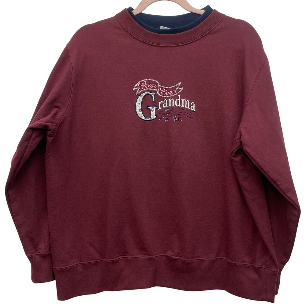 Vintage M&C Sportswear Grandma Embroidered Double Collar Sweatshirt Burgundy PL